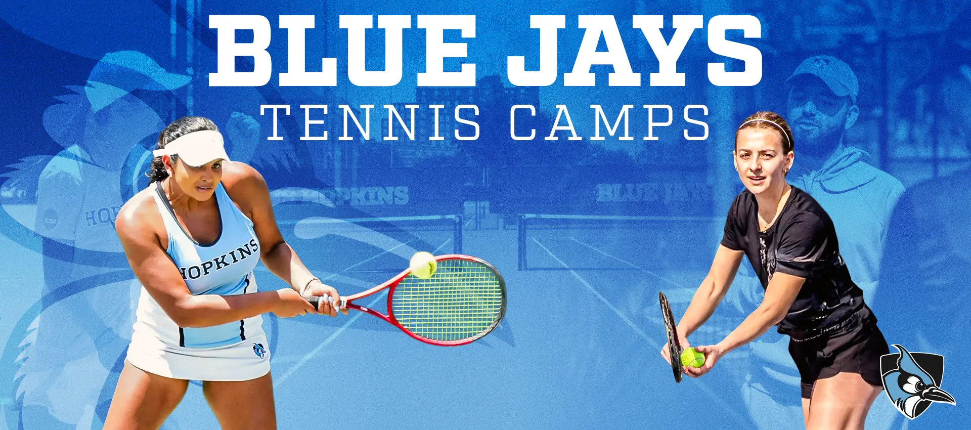 Blue Jays Tennis Camps hero banner with Johns Hopkins women's tennis players